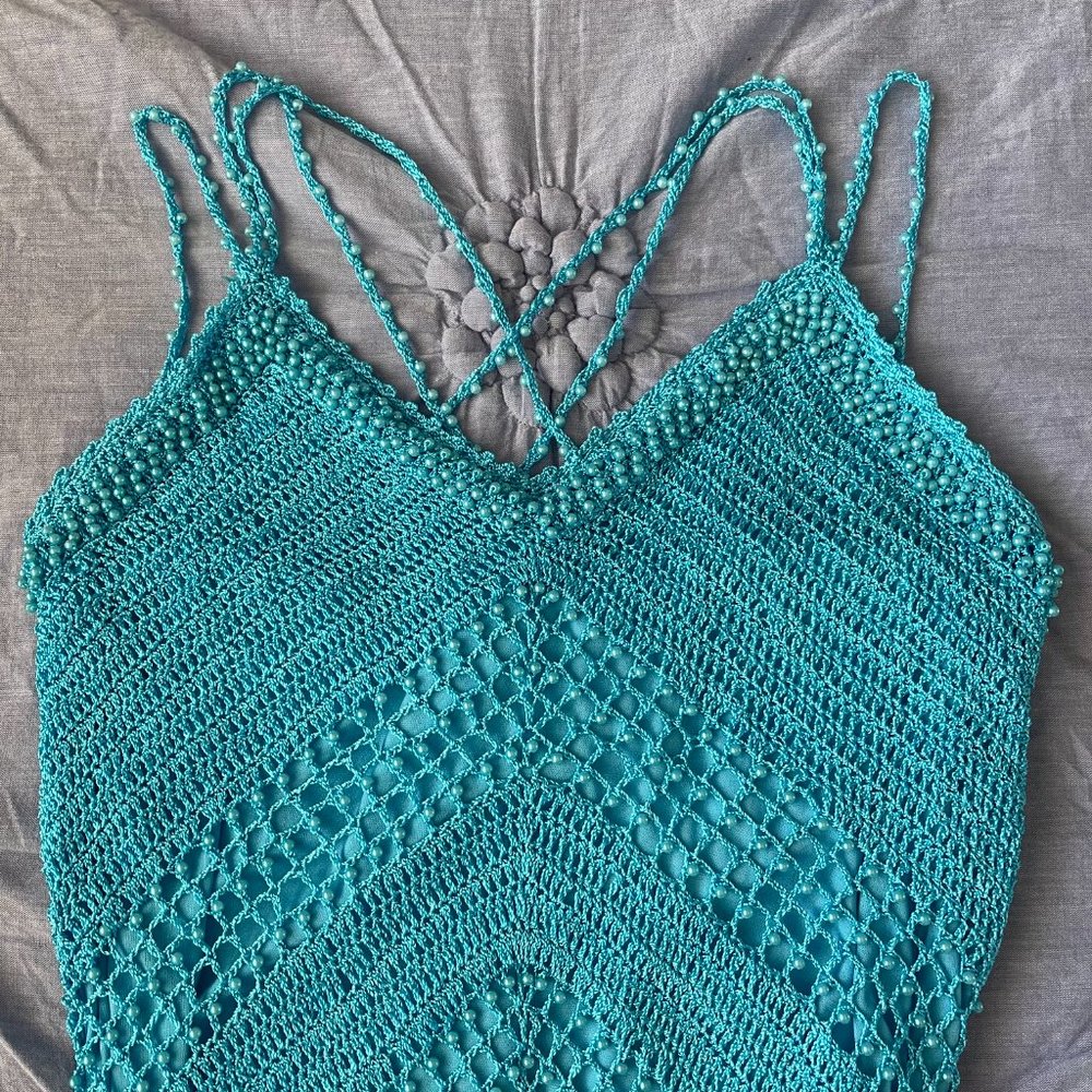 SOLD! 90s/ Y2K Beaded Blue Boho Tank Top with Fringe - Picture 5 of 8